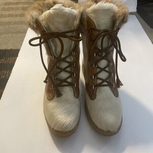 La Mondiale Italy Womens Pony Hair Leather Faux Fur Lace Up Snow Boots Cream Tan